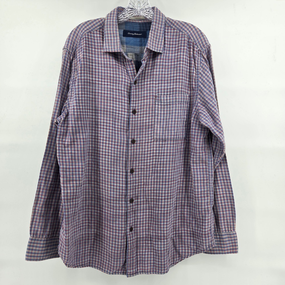 Tommy Bahama Button Down Shirt Large Blue Red Gingham‎ Cotton Coastal Preppy